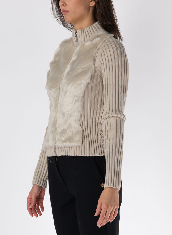 CARDIGAN FULL ZIP ECOPELLICCIA, F1CY BEIGE, medium