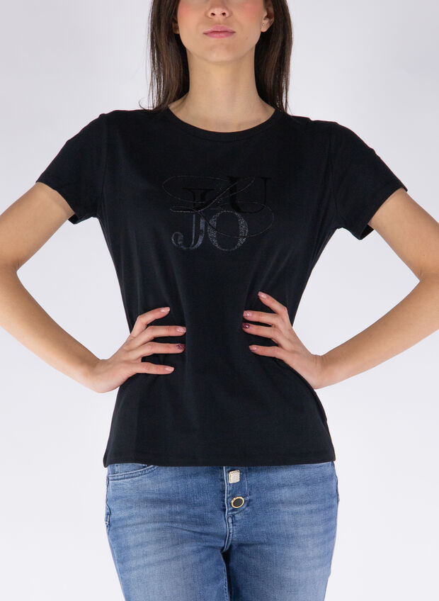 T-SHIRT CON STAMPA E STRASS, R9733 BLK, large