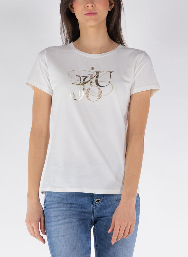 T-SHIRT CON STAMPA E STRASS, N9051 AVORIO, large