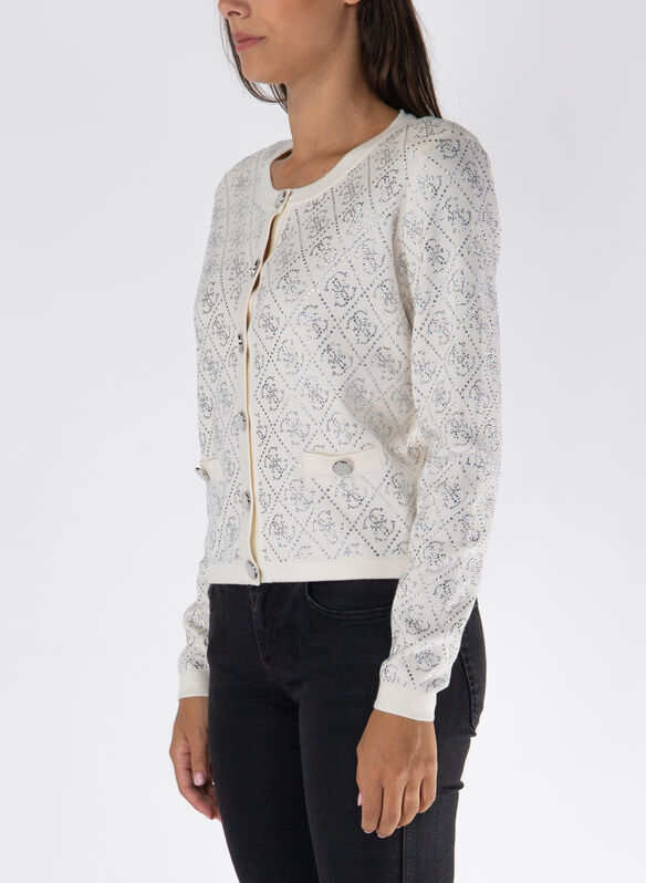 CARDIGAN CON LOGO STRASS, G012 CREMA, medium