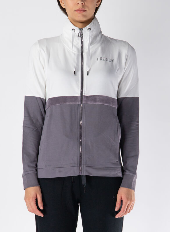 FELPA FULL ZIP CON BANDA IN VELLUTO, G48W PAANNACENERE, medium