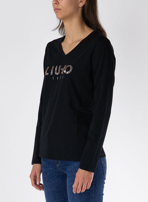 T-SHIRT CON SCOLLO A V, R9144 BLK, medium